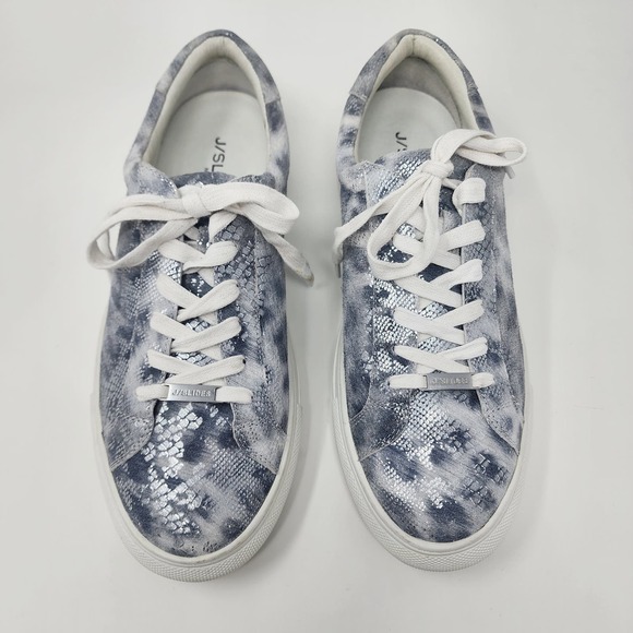 J/Slides Sneaker Women 9.5M Lucki Silver Metallic Snake Leather Comfort Studded - Picture 4 of 14